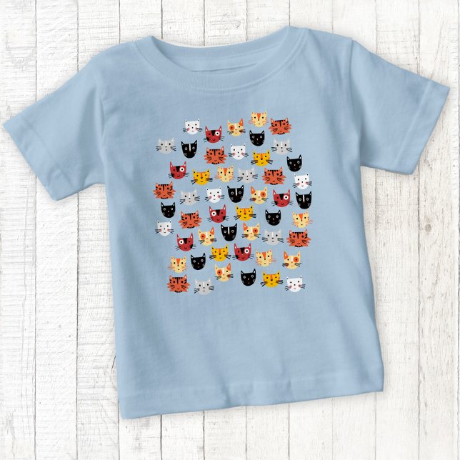 Camiseta Para Bebê Azul de Padrão de Gato Gato (Fun kitty cat t-shirt)