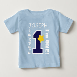 Camiseta Para Bebê AZUL do menino do primeiro aniversario um nome