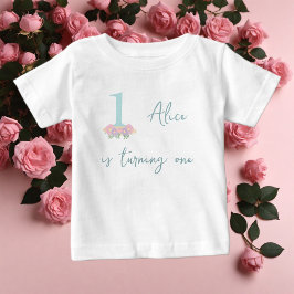Camiseta Para Bebê Azul floral, rosa pastel Festa de 1º Aniversário
