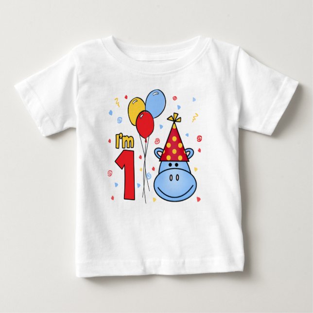 Camiseta Para Bebê Azul Hippo Face Primeiro Aniversário (Frente)