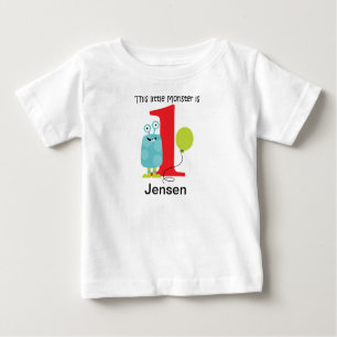 Camiseta Para Bebê Azul pequeno do monstro do primeiro aniversario