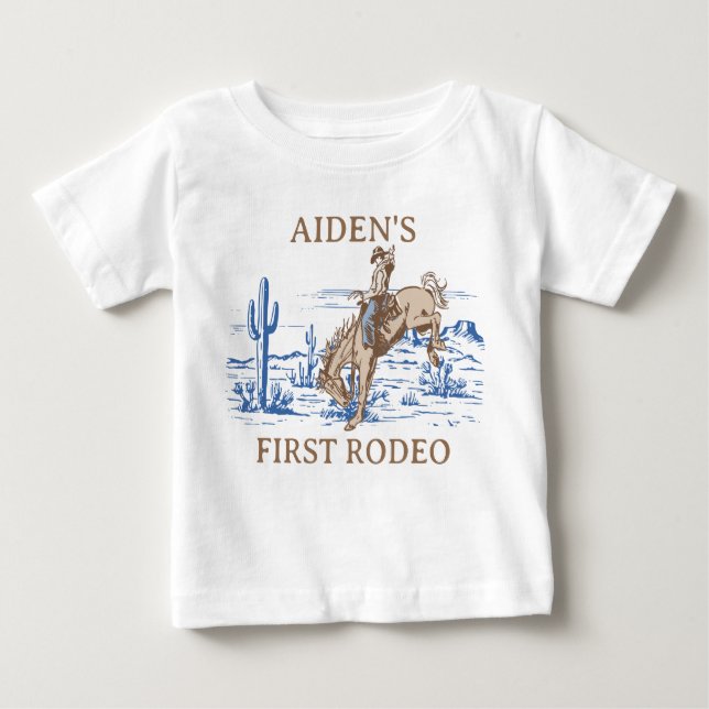 Camiseta Para Bebê Azul Rústico Marrom Primeiro Rodeio 1º Aniversário (Frente)