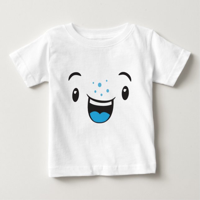 Camiseta Para Bebê Azul sorrindo Kawaii Rosto Crianças Roupas (Frente)
