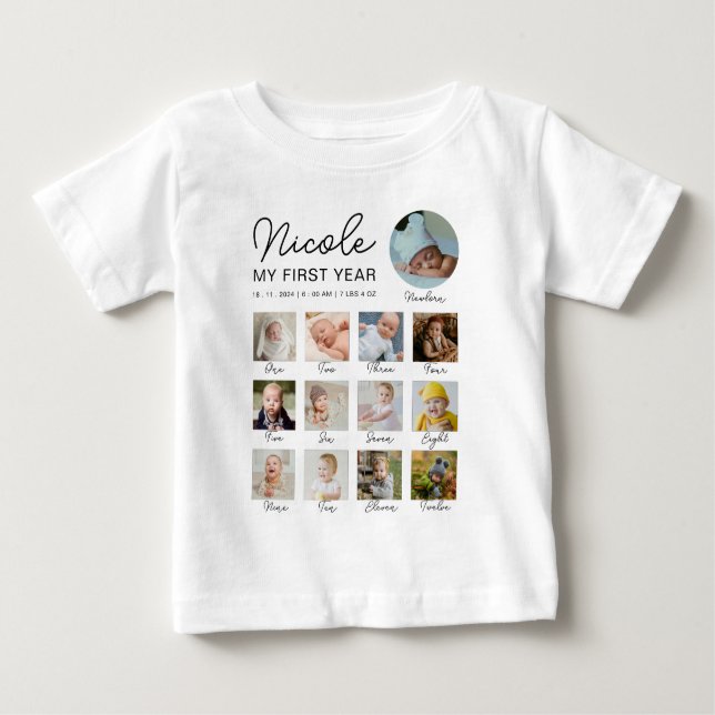 Camiseta Para Bebê Baby First Year 12 Meses Foto Collage Modern (Frente)