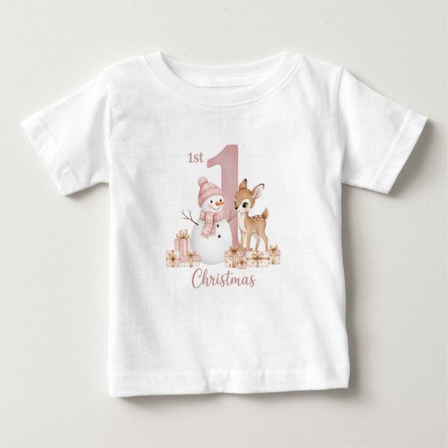 Camiseta Para Bebê Baby Girl First Christmas Snowman Deer (Frente)