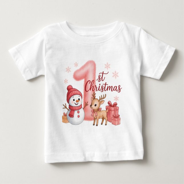 Camiseta Para Bebê Baby Girl’s 1st Christmas | Cute First Christmas (Frente)