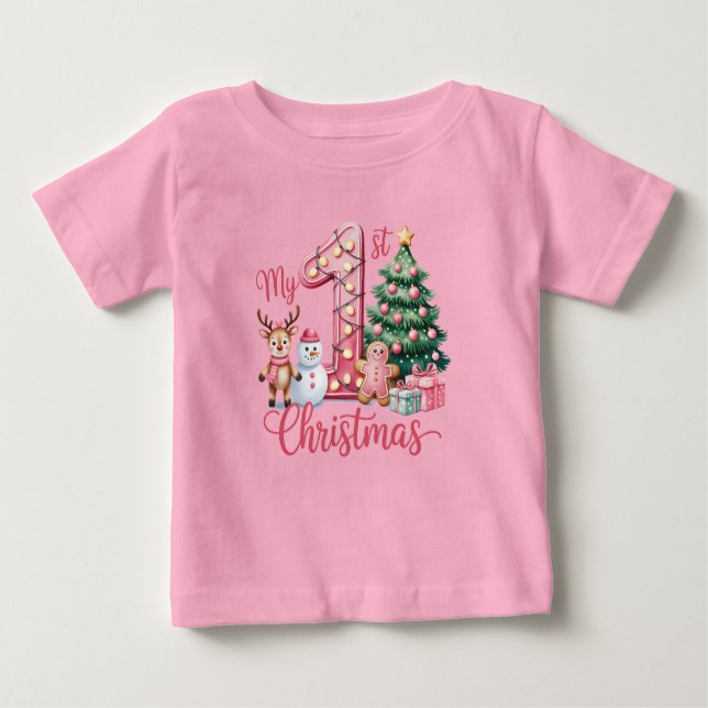 Camiseta Para Bebê Baby Girl's First Christmas Pink (Frente)