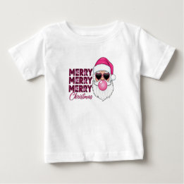 Camiseta Para Bebê Baby Pink Merry Christmas Santa T-Shirt