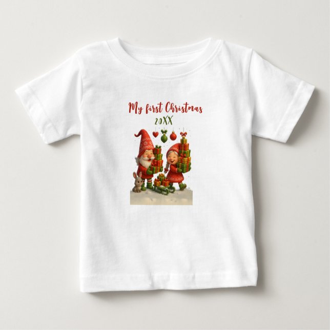Camiseta Para Bebê Baby’s First Christmas - Cute Holiday Gnomes (Frente)