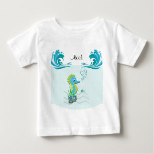 Camiseta Para Bebê Baby Seacavalo   Blue Personalised Baby T Shirt