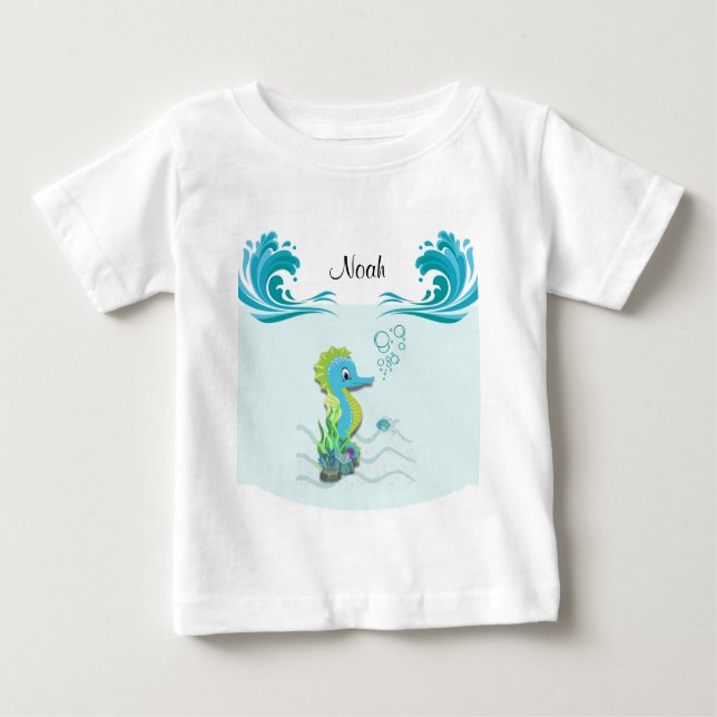 Camiseta Para Bebê Baby Seacavalo | Blue Personalised Baby T Shirt (Frente)