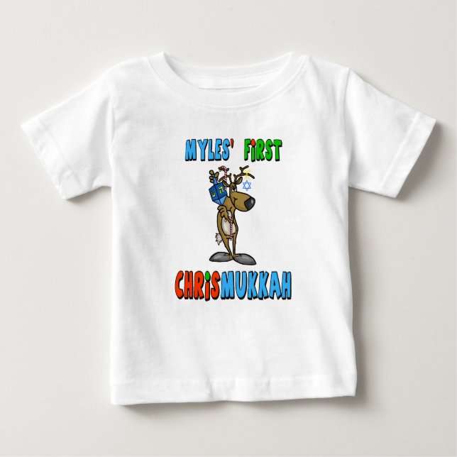 Camiseta Para Bebê Baby's First Chrismukkah Custom Name T-Shirt (Frente)