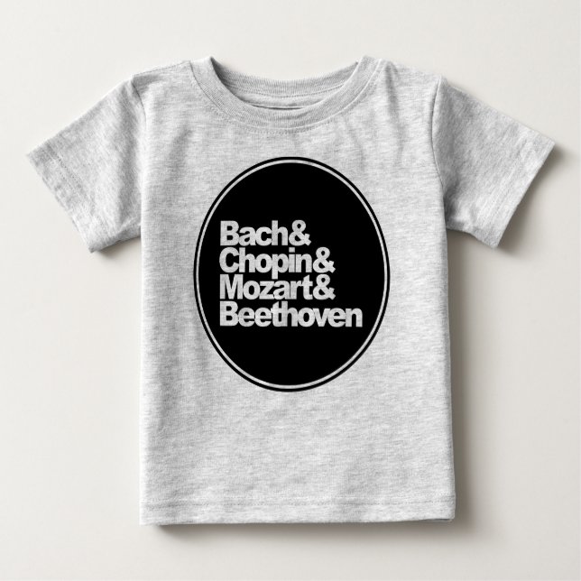 Camiseta Para Bebê Bach, Chopin e Mozart e Beethoven (Frente)