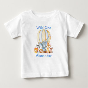 Camiseta Para Bebê Balão Azul de Animais Safari Selvagens de Um prime