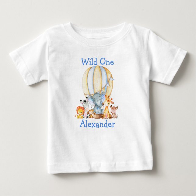 Camiseta Para Bebê Balão Azul de Animais Safari Selvagens de Um prime (Frente)