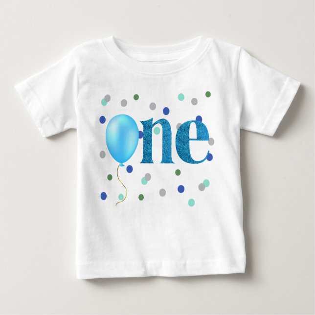 Camiseta Para Bebê Balão Azul e Confetti Primeiro Aniversário (Frente)