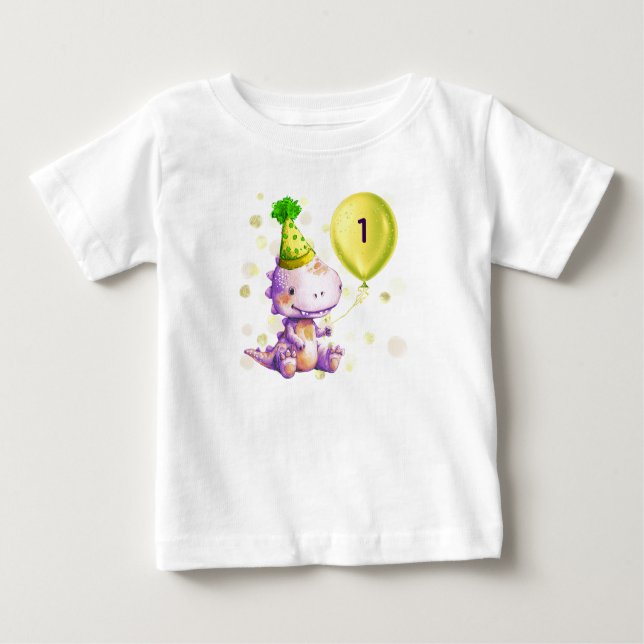 Camiseta Para Bebê Balão de Aniversário do Dinossauro Adicionar Idade (Frente)