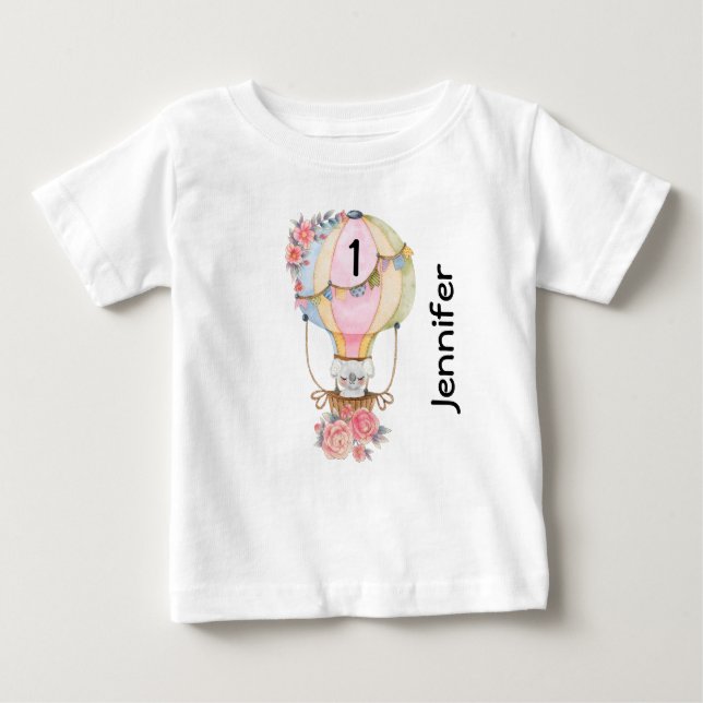 Camiseta Para Bebê Balão de Ar Quente Cinto com Aquarela de Urso (Frente)