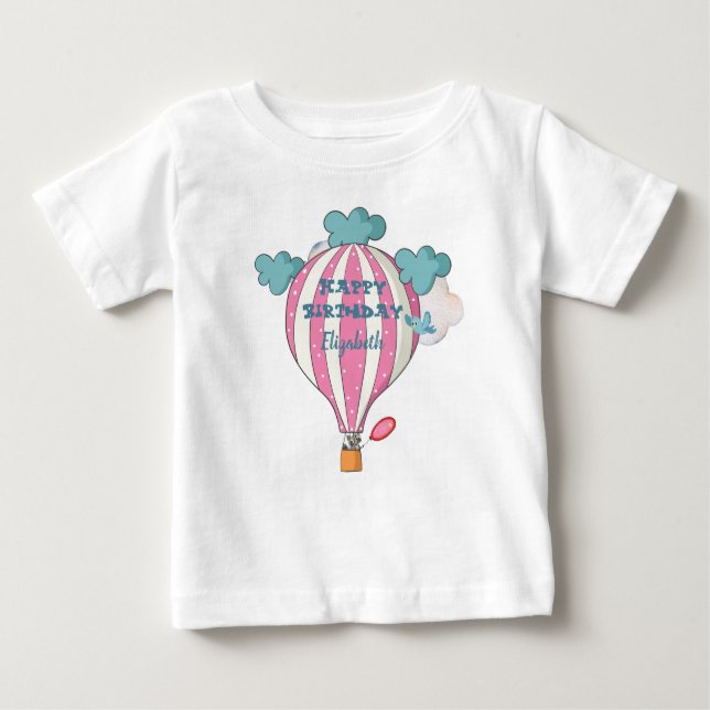 Camiseta Para Bebê Balão de ar quente cor-de-rosa bonito com guaxinim (Frente)
