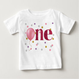 Camiseta Para Bebê Balão Rosa e Confetti Primeiro Aniversário