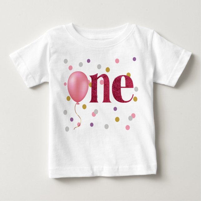 Camiseta Para Bebê Balão Rosa e Confetti Primeiro Aniversário (Frente)