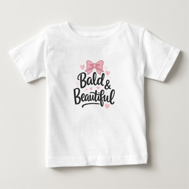 Camiseta Para Bebê Bald & Beautiful Pink Bow Baby Gift T-Shirt (Frente)