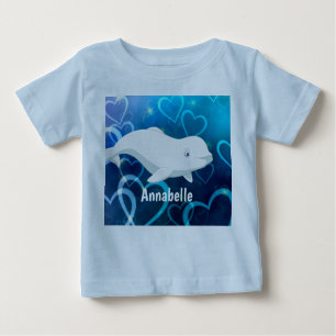 Camiseta Para Bebê Baleia Beluga Personalizada e Corações Azuis Ár