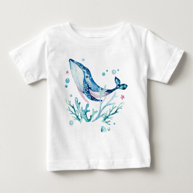 Camiseta Para Bebê Baleia e corais, ilustração das aquarelas (Frente)