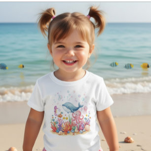 Camiseta Para Bebê Baleia Octópode Fofa Sob o Mar