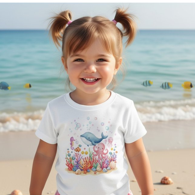 Camiseta Para Bebê Baleia Octópode Fofa Sob o Mar (Criador carregado)