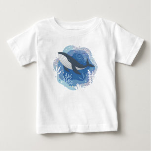 Camiseta Para Bebê Baleias e corais na Ilustração de Arte em Papel Oc