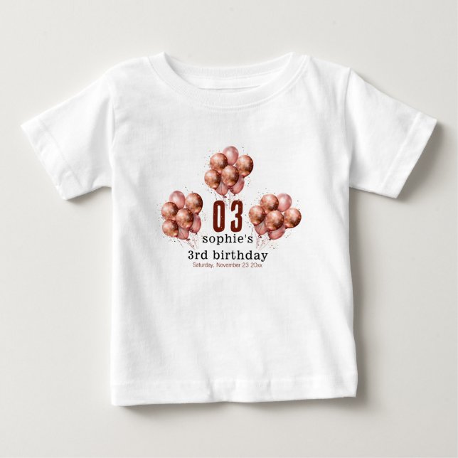 Camiseta Para Bebê Baloão de Água-Marinha Rosa Dourado no 3º aniversá (Frente)