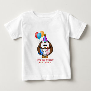 Camiseta Para Bebê Balões bolo da coruja e aniversário feito sob