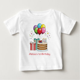 Camiseta Para Bebê Balões Coloridos De Aniversário Com Bolo E Present