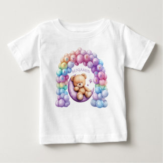 Camiseta Para Bebê Balões Coloridos do primeiro aniversario do Urso d