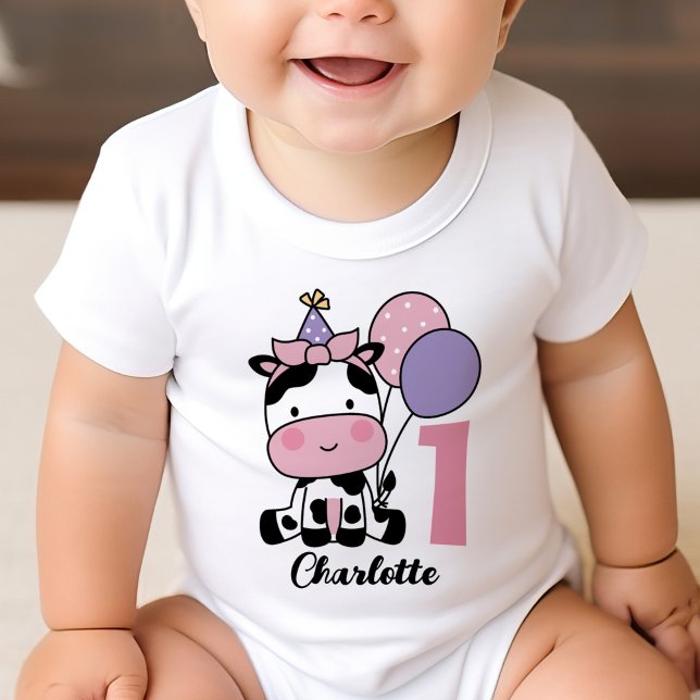 Camiseta Para Bebê Balões Rosa-primeiro aniversario de Garota Persona (Criador carregado)