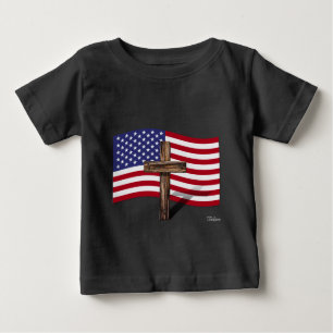 Camiseta Para Bebê Bandeira Americana e Cruz Rústica