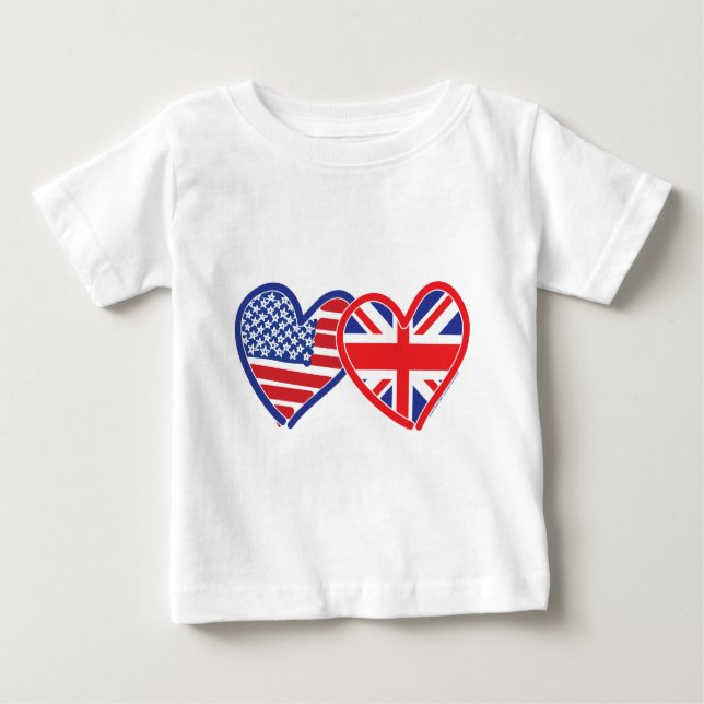 Camiseta Para Bebê Bandeira Americana/União Jack Flag Hearts (Frente)