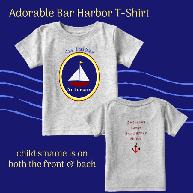 Camiseta Para Bebê Bar Harbour Maine Cute Sailboat com nome de crianç (Criador carregado)