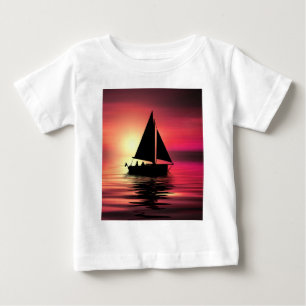 Camiseta Para Bebê Barco à Vela ao Pôr do Sol no Mar Projeto de Arte