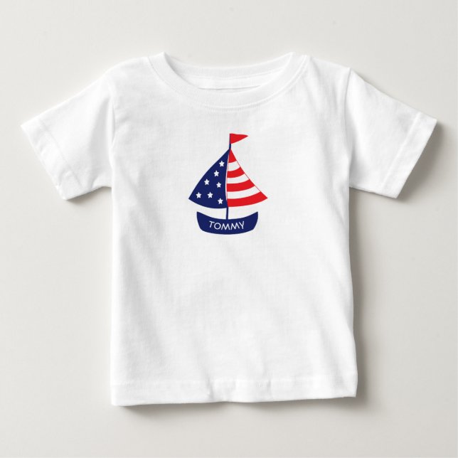 Camiseta Para Bebê Barco à Vela Azul Vermelho Náutico Nome Personaliz (Frente)