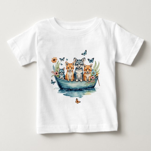 Camiseta Para Bebê Barco cortado com animais (Frente)