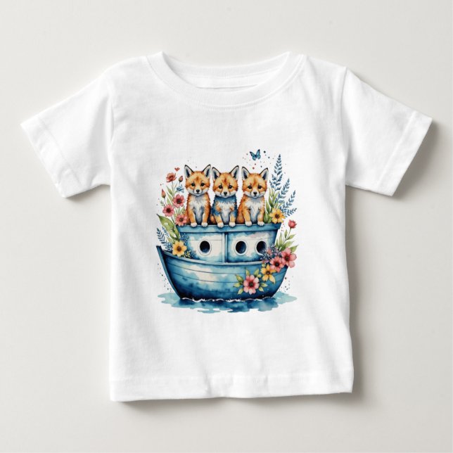 Camiseta Para Bebê Barco cortado com animais (Frente)