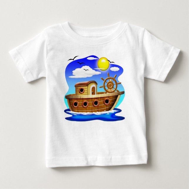 Camiseta Para Bebê Barco de Pesca Cartoon  (Frente)