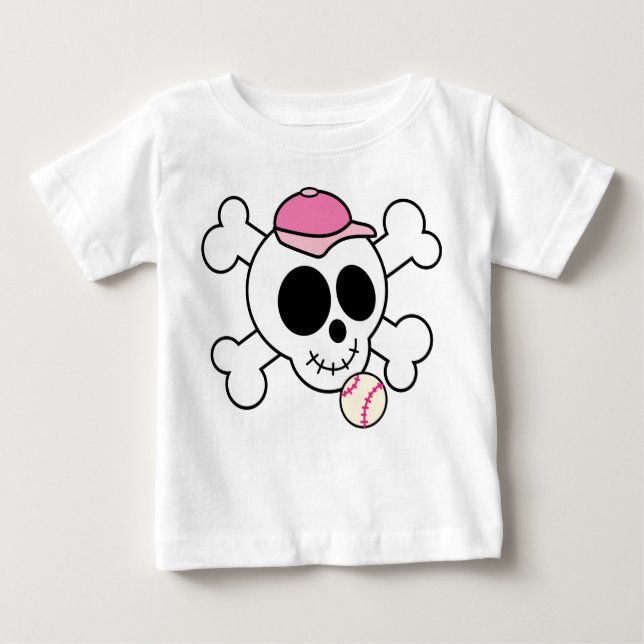 Camiseta Para Bebê Baseball em Caveira Rosa e Crossbones (Frente)
