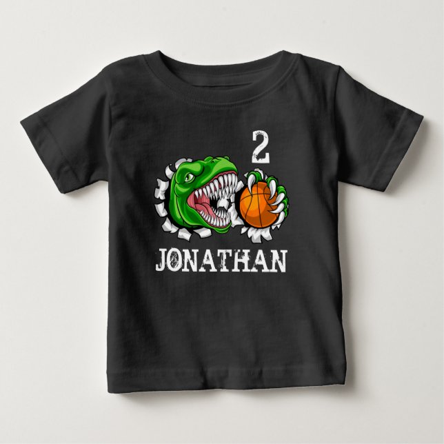 Camiseta Para Bebê Basquete T-Rex Personalizado Aniversário de 2 Anos (Frente)