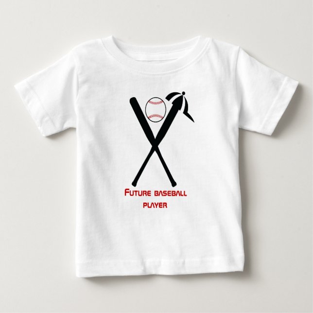 Camiseta Para Bebê Baterias cruzadas de baseball e boné preto, vermel (Frente)