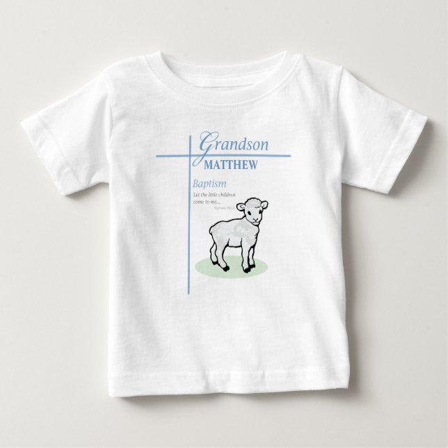 Camiseta Para Bebê Batismo do Neto Azul Menino Cordeiro Personalizado (Frente)