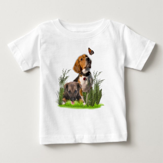 Camiseta Para Bebê Beagle-puppies e borboletas (Frente)