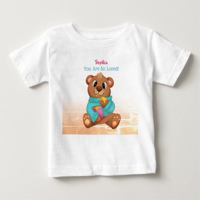Camiseta Para Bebê Bear Comendo Mel, Nome e Mensagem T-Shirt (Frente)